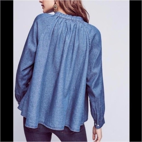 Blue Anthro Denim Chambray Embroidered Swing Tassel Blouse - Picture 3 of 13